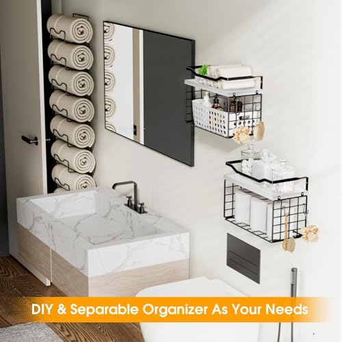 Towel Racks for Bathroom,Towel Rack Wall Mounted, 6 Tier Rolled Or Folded Towel Holder with Floating Shelves, Bathroom Towel Holder for Bath, Hand Towels,Metal,White Wood Panel - color: White Plack, size: J-type Black Rack