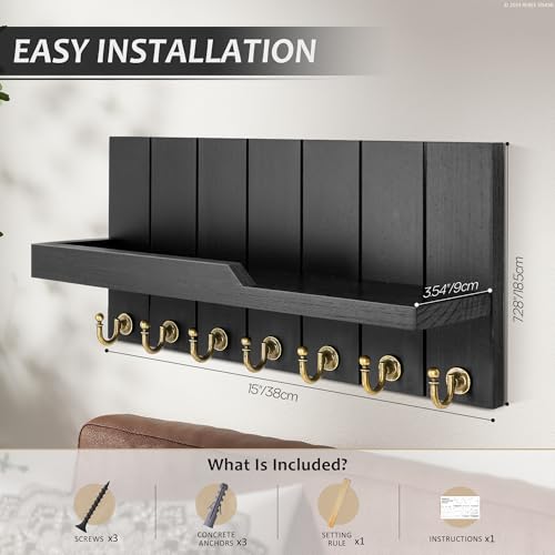 Rebee Vision Decorative Key and Mail Holder for Wall - Farmhouse 15 Inches Floating Shelf with 7 Sturdy Key Hooks for Home Entryway Wall Decor - Rustic Key Racks (Black,15-inch) - color: Black, size: 15-inch