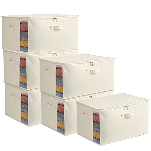 6-Pack Large Canvas Comforter Storage Bags Closet Organizer for Clothes Sweater Clothes Organizer with Dual Zipper Three Carrying Handles for Blanket Closet Storage Container - color: Natural color, style: 6 Pack