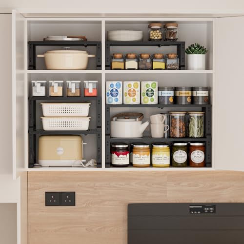 Heavy-Duty Adjustable Metal Shelf Organizer - Expandable & Stackable Pantry Storage Rack for Kitchen, Bathroom, RV, Cabinets(3 Packs/Black, Medium) - color: 3 Packs/Black, size: M:7.8"D x 16.5"W x 8.2"H