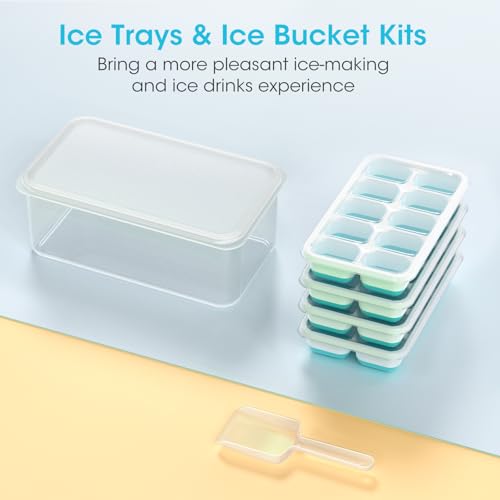 DOQAUS Ice Cube Tray with Lid and Bin - 4 Pack Silicone Ice Cube Trays for Freezer, Stackable Ice Bucket Kits with Storage Container & Scoop for Kitchen, RV, Cocktail, Coffee - color: Blue