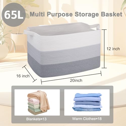 OIAHOMY Large Blanket Basket, 65L Cotton Rope Woven Laundry Basket, Toy Bin for Baby Room, Container for Blanket Storage in Living Room, 20''×16''×12'', Gradient Grey - color: Gradient Grey, size: 65L