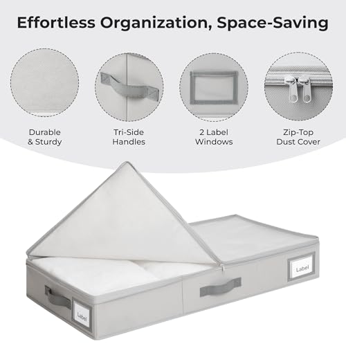 Cupic Cupid Under Bed Storage Containers, 2 Pack Foldable Organizer with Lid for Bedroom, Underbed Storage Box for Blankets, Clothes, Shoes, Grey - size: 31½"L x 15¾"W x 4¾"H