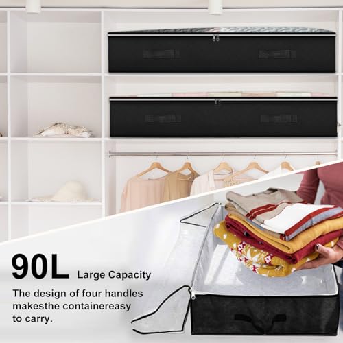 4 Pack Under bed Storage Containers, 90L Large Capacity Bedroom Closet Organizers and Storage Bins Foldable Underbed Storage Bags for Clothes, Blanket, Towels, Comforter, Sweaters, Linen Sheet - Black - color: 4 Pack - Black