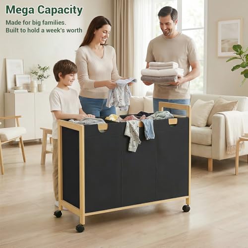 Homykic 250L Laundry Sorter Cart with Wheels, 3-Section Rolling Laundry Basket with Removable Bags, 66 Gal Large Laundry Hamper Organizer, Heavy Duty Bamboo Frame, Water-Resistant, Black - color: Black