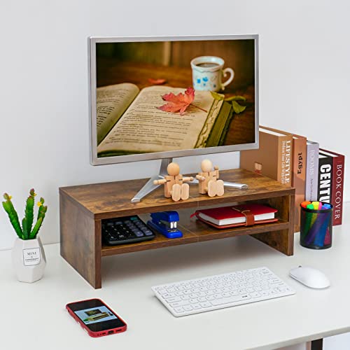 TEAMIX 2 Tier Wooden Monitor Riser Stand, Desktop Stand with storage for Laptop/PC/Printer/Keyboard, TV Stand Shelf Home Office Desk Accessories - color: Brown