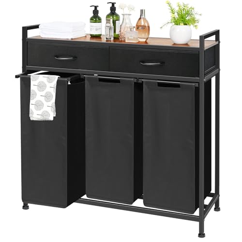Laundry Sorter 3 Section, 180L Laundry Hamper Basket with Shelf and 2 Drawers, 3 Compartment Clothes Storage Organizer Cart, Pull-Out Removable Oxford Fabric Bags, Black - color: Black, size: 180L