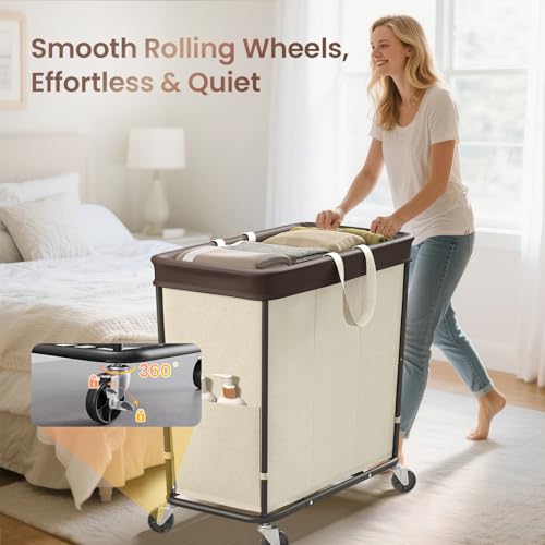 320L Laundry Basket with Wheels, 3-Section Rolling Hamper for Laundry, Extra Large Laundry Hamper with Wheels, Clothes Hamper Rolling Laundry Basket for Home, Bathrooms and Dorm(Beige) - color: Beige-3 Section, size: 320L
