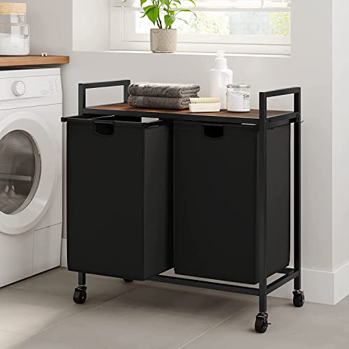 WOWLIVE Double Laundry Hamper with Lid,Rolling Laundry Basket Organizer with Wheels, Iron-Made Laundry Sorter with Top Shelf and 2 Removable Bags,Large Clothes Storage for Room,Black 1 - color: Black, size: 110L (30.0 x 13 x 32 Inches)