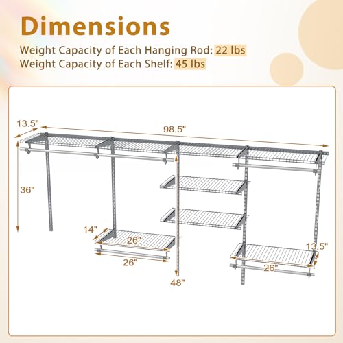 Tangkula 4 to 8 FT Custom Closet System, Wall Mounted Closet with Hanging Rod, Metal Hanging Storage Organizer Rack Wardrobe with Shelves, Adjustable Closet System Kit for Bedroom (Gray) - color: Gray, size: 4 to 8 FT