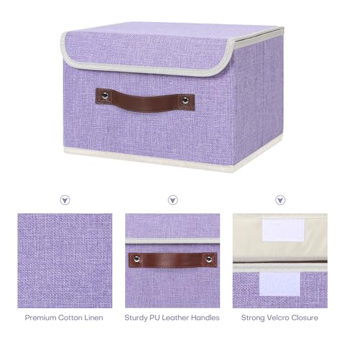ANMINY 2PCS Storage Bins with Lid PU Leather Handles Storage Boxes PP Plastic Board Decorative Foldable Lidded Cotton Linen Fabric Home Cubes Baskets Closet Organizer Containers - Purple, Small Size - color: Purple, size: Small (Pack of 2)