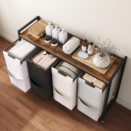 HOOBRO Laundry Sorter 4 Sections, Laundry Hamper with Wheels, 4 × 10.5 Gal (40 L), Rolling Laundry Basket, Pull-Out and Removable Oxford Fabric Bags, Rustic Brown BFE04XY01 - color: Rustic Brown + Black + White + Beige + Gray