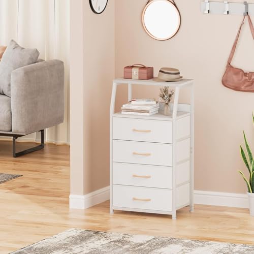 Furnulem Tall 4 Drawers Dresser, Vertical Storage Tower for Bedroom, Hallway, Entryway, Nursery, Closet Organizer, Nightstand Bedside Table Furniture, Sturdy Steel Frame, Wood Top, White - color: White, style: 4 Drawers