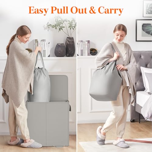 Lifewit Double Laundry Hamper with Lid and Removable Laundry Bags, Large Collapsible 2 Dividers Dirty Clothes Basket with Handles for Bedroom Laundry Room Closet Bathroom College, 136L Silver Gray - color: Silver Gray, size: 136L