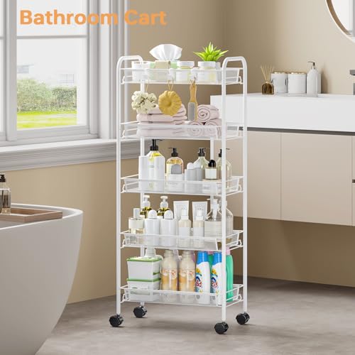 TOOLF 5-Tier Rolling Cart, Metal Utility Cart with 3 Hooks, Easy Assemble Mobile Storage Trolley On Wheels, Metal Shelving Units Kitchen Bathroom Laundry Room - color: White, size: 5-Tier