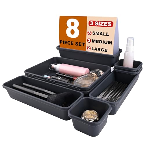 QUELIEN Desk Drawer Organizer Tray Set, 8PCS Plastic Drawer Organizer Bins for Office, Makeup, Kitchen - Gray Blue Desk Organizer with Flexible Interlocking Design for Efficient (Gray Blue, 8PCS)