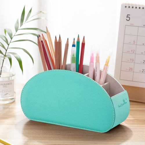 BONNY DODO Remote Control Holders Organizer Box with 5 Compartment PU Leather Multi-functional Office Desk Storage Caddy Store Tv Remote for Media Player,Brush,Pencil,Glassees&Office Supplies (Cyan) - color: Cyan, size: S