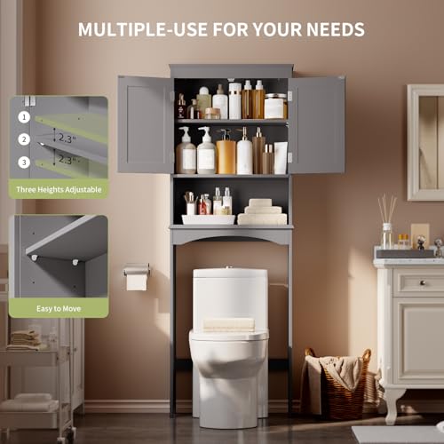 Gizoon Over The Toilet Storage Cabinet with Adjustable Shelf and Double Doors, Bathroom Space Saver Organizer Above Toilet with Open Shelf, Taller Wooden Free Standing Toilet Rack -Grey - color: Grey