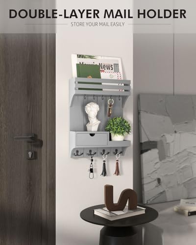 Rebee Vision Decorative Key Holder Wall Mount with Small Drawer Organizer - Modern Mail Organizer with 9 Key Hooks and Wall Shelf for Home Decor - Stylish Apartment Essentials (Gray) - color: Gray, style: Small Drawer