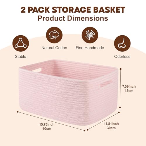 OIAHOMY Storage Basket for Shelves, Closet Cube Storage Bins Baskets for Clothes Blanket Towels, Baby Nursery, Toy Baskets Box, Woven Rope Basket, 15.75 * 11.81 * 7.09 IN, 2 Packs Mixed Pink - color: Mixed Pink, size: 15.75*11.81*7.09