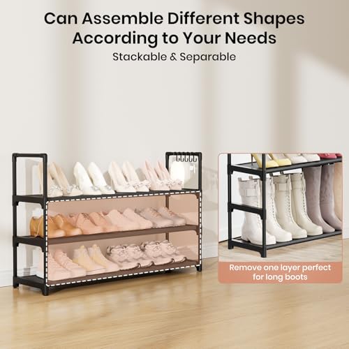 VILICK Shoe Rack for Closet Shoe Organizer Space Saver Storage for 12-15 Pair Shoe Shelf with Hook Free Standing 3 Tier Shoe Rack Organizer for Entryway, Small Spaces, Black - color: Black, size: 33.5"W - 3 Tier
