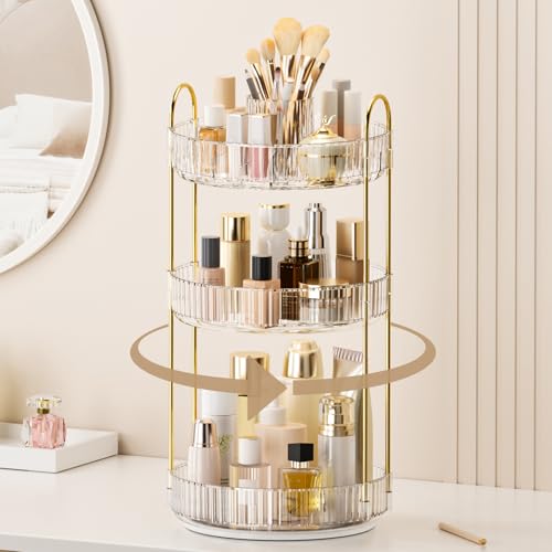 360° Rotating Makeup Organizer, Upgraded 3 Tier Skincare Perfume Organizers for Women, Bathroom Organizer Countertop, Clear Cosmetic Dresser Organizer with Makeup Brush Holder, Sink&Counte (Clear) - color: Clear, size: 3 Tier
