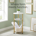 Small Round Side Table with Storage Basket, 3-Tier Narrow End Table Nightstand for Living Room Bedroom, 11.8" Diameter Modern Bedside Table for Small Spaces, Wood Grain & Metal Frame (White & Gold) - color: White & Gold