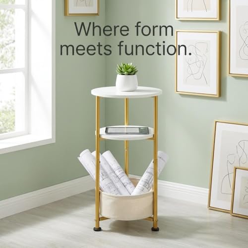 Small Round Side Table with Storage Basket, 3-Tier Narrow End Table Nightstand for Living Room Bedroom, 11.8" Diameter Modern Bedside Table for Small Spaces, Wood Grain & Metal Frame (White & Gold) - color: White & Gold