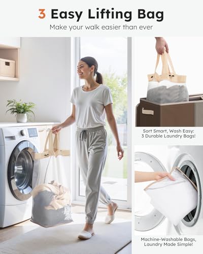 SOLEDI 180L 3-Section Laundry Hamper with Lid, Extra Large Dirty Clothes Basket with Sturdy Handles for Laundry Room & Bedroom - Durable Organizer for Sorting Laundry - color: Brown/Grey/Yellow, size: 180L