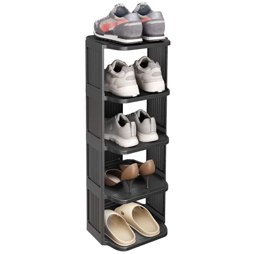 Shoe Racks for Closet, 5 Tiers Stackable Shoe Rack for Front Door Entrance Free Standing Plastic Shoe Stand Narrow Tall Vertical Shoe Rack, Closet Shoe Organizer for Small Spaces Shoe Storage - color: Black, size: 5 Tiers