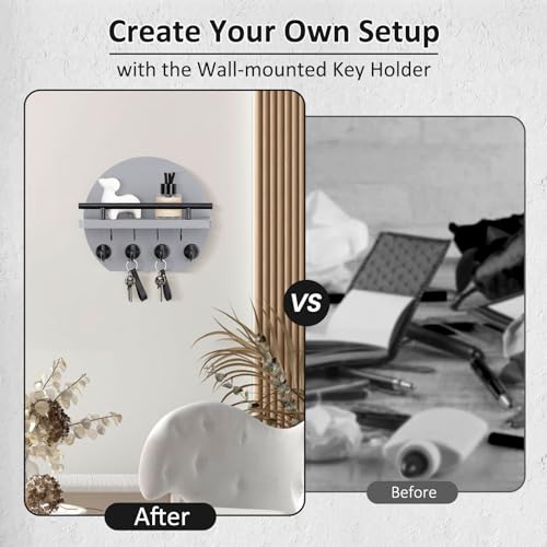 Nekon Key Holder for Wall - 9.8 Inch Apartment Wall Decor with Shelf and 8 Key Hooks, Circular Wood Key Hanger for Home Decor (Gray) - color: Gray