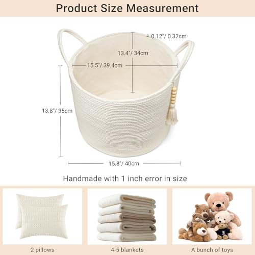 Mkono Woven Storage Basket Decorative Natural Rope Basket Wooden Bead Decoration for Blankets,Toys,Clothes,Shoes,Plant Organizer Bin with Handles Living Room Home Decor, White, 16" W × 13.8"L - color: White, size: 16" W × 13.8"L