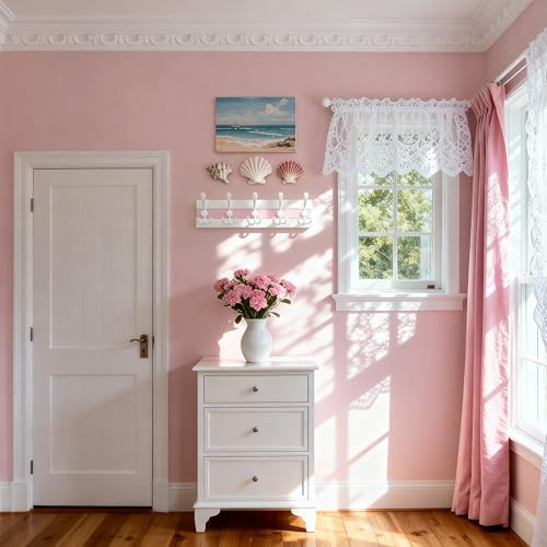 SKOLOO Coastal Wall Mounted Coat Rack - 16-7/8" Beach House Entryway Wooden Coat Hook with 5 Hooks for Hanging Coats, Hats or Towels, Oceanfront Cottage Core Collection, White & Palm Beach Pink - color: Pink & White Plates & White Hook, size: 1 Item-5 Hoo
