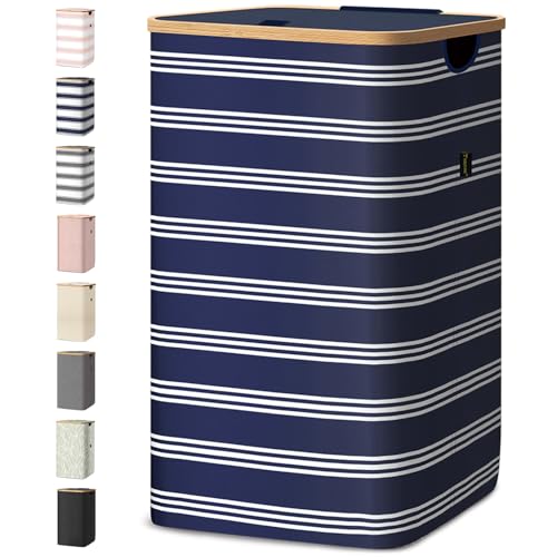 BALEINE Laundry Hamper with Lid, Tall Laundry Baskets with Bamboo Pull Handles, Large Laundry Bin with Internal Support (26 Gal/100L, Blue Pinstripe) - color: Blue Pinstripe, size: 100 liters