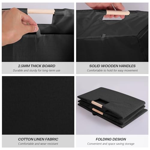 Fabric Storage Bin Box Foldable Cotton Linen Storage Basket with Wooden Handles Rectangular Cube Decorative Home Laundry Organizer Clothes Blanket Container – Black, Medium - color: Black, size: Medium
