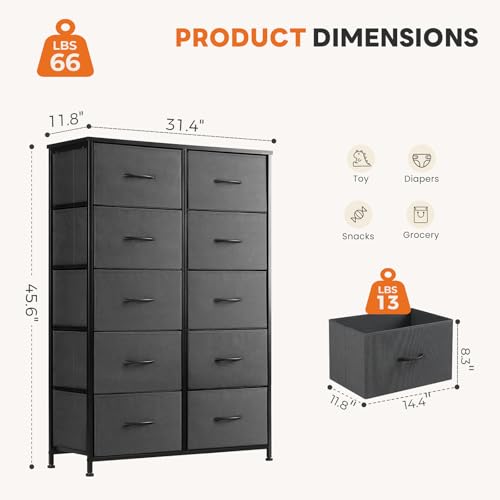 Sweetcrispy 10 Drawer Dresser, Tall Fabric Dresser for Bedroom, Storage Tower with Bins Chest Organizer Unit for Closet, Hallway, Steel Frame Wood Top, Easy Pull Handle, Grey - color: Grey