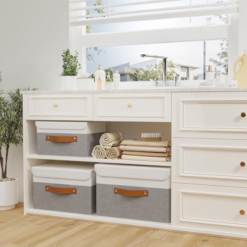 OUTBROS Large Fabric Storage Box with Lid, Collapsible Wardrobe Organiser, Linen Cubes For Towels, Clothes, 13 x 9.1 x 7.9 inch (White/Grey, 3-Pack) - color: White/Grey, size: 13x9.1x7.9in(3-pack)