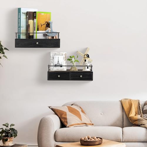 DreamPossible Floating Shelves - Wall Mounted Bathroom Shelf Set of 2 with Drawers, Rustic Wood Shelves for Bedroom, Living Room, Kitchen, Home Decor, Plants, Books (Black) - color: Black, size: 13.8 Inch Long