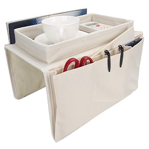 Sofa Armrest Organizer with Cup Holder Tray,4 Pockets Armchair Caddy Bedside Storage Pockets Bag 11.8x7.1x7.1inch TV Remote Control Organizer Armchair Couch Bag (Beige) - color: Beige