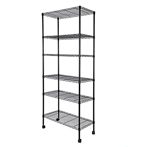 YSSOA Heavy Duty 6-Shelf Shelving with Wheels, with Hanging Hooks, Wire Shelving, Adjustable Storage Units, 29'' D x 14'' W x 70'' H, 6 Tier, Black - size: 6-Tier, 70 inch Taller