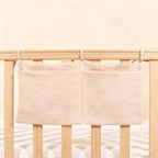 Muslin Cotton Baby Bedside Hanging Storage Bag, 2-Pocket Crib Diaper Caddy Organizer, Nursery Organization Holder for Cribs, Playard, Changing Table or Wall, Milk Bottle Bib Organizing Oatmeal