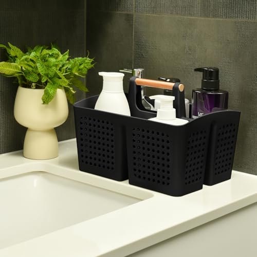 Portable Shower Caddy Basket with Compartments, Plastic Divided Cleaning Caddy Organizer Storage Tote with Handle for Bathroom, College, Dorm Room Essentials, Black - color: Black