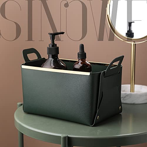 Decorative Faux Leather Basket,Small Catchall Basket for Entryway Bedside Dresser End table,Collapsible Rectangle Tray Organizer Box,Dark Green,2-Pack - color: Dark Green(2-Pack)