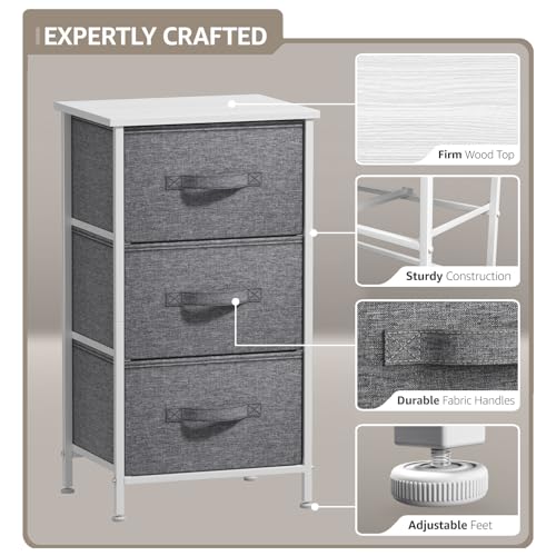 Sorbus Nightstand with 3 Drawers - Bedside Furniture & Night Stand End Table Dresser with Steel Frame, Wood Top, Easy Pull Fabric Bins for Home, Bedroom Accessories, Office & Dorm - color: White, style: 3 Drawer