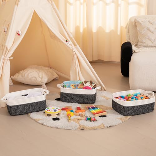 OIAHOMY 3 Pack Storage Baskets for Organizing, Woven Cotton Rope Basket for Shelves, Closet Organizer Bins with Handles, Rectangle Toy Organization, 13.78''×9.84''×5.5'', Black & White - color: Black variegated, size: 13.8''×9.8''×5.5''