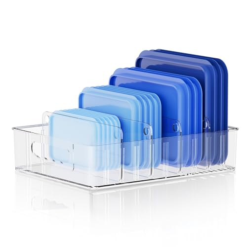 LYNG Lid Organizers Inside Cabinet, Clear Plastic Storage Lid Organizer With 4 Adjustable Dividers, Food Container Lid Organizer For Kitchen Pantry - color: Clear