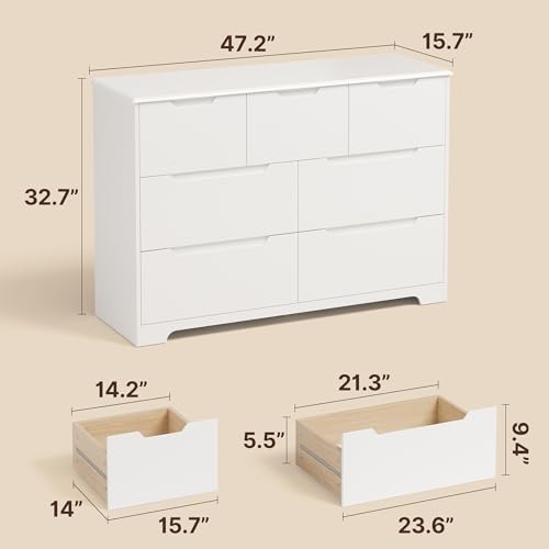 Gizoon 7 Drawer Dresser, 48" Wide White Dresser for Bedroom, Chest of Drawers with Handle Free Design, Modern Storage Organizer for Living Room, Kids Room, Entryway, Hallway, White - color: White, size: 15.7"D x 47.2"W x 32.7"H (7 Drawers)