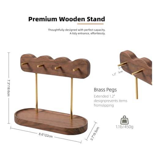 Luxury Walnut Wood Key Stand – Wave-Designed Entryway Organizer with 4 Gold Hooks, Multi-Functional Valet Tray for Keys, Jewelry & Accessories, Minimalist Decor for Entry Table