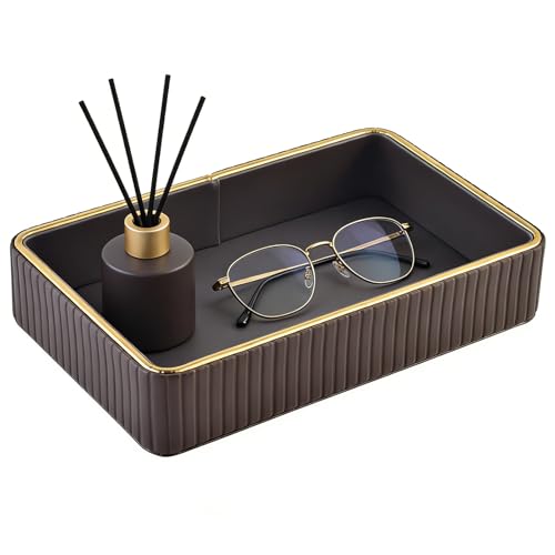 PU Leather Valet Tray,Desk Organizer Tray Nightstand Organizer Trinket Dish Storage Key Bowl Decorative Trays for Phone Wallet Jewelry Watch,Bathroom Bedroom Perfume Vanity Trays,Grey - color: Gray