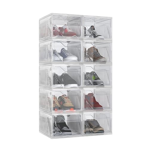 AWTATOS Shoe Storage Boxes, Thickened Shoe Storage Organizer with Clear Magnetic Door, Stackable Shoe Container with Lids, Collapsible Large Shoe Rack, Fit up to US Size 15, 10 Pack - size: 10 pack